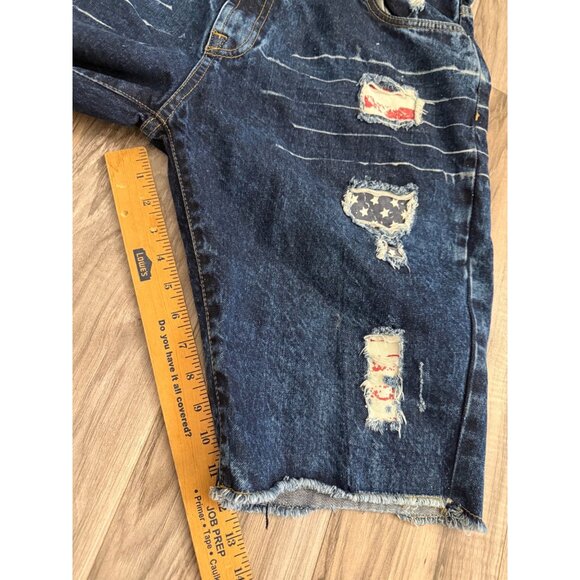 Y2K Evolution In Design Distressed Denim Shorts 38 Patches Frayed Hip Hop Skater - Picture 6 of 10